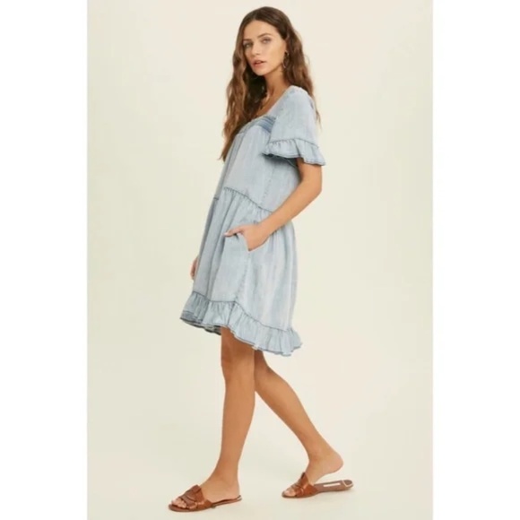 Denim Tencel Square Neck Short Sleeve Ruffle Trim Babydoll Casual Mini Dress - Picture 9 of 11